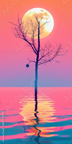 A tall leafless tree against an orange  pink  and blue sky with neon lights and a large bright moon.