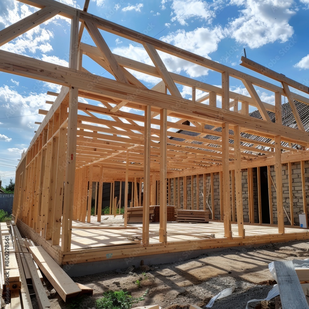 Wooden frame construction with truss, post, and beams for a new residential house build Wooden frame construction with truss, post, and beams for a new residential house build