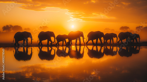 AI generated illustration of elephants gathered by a lake at sunset
