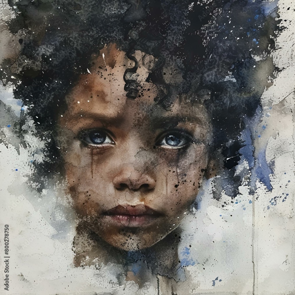 AI generated illustration of a portrait of a young black child with striking blue eyes and hair
