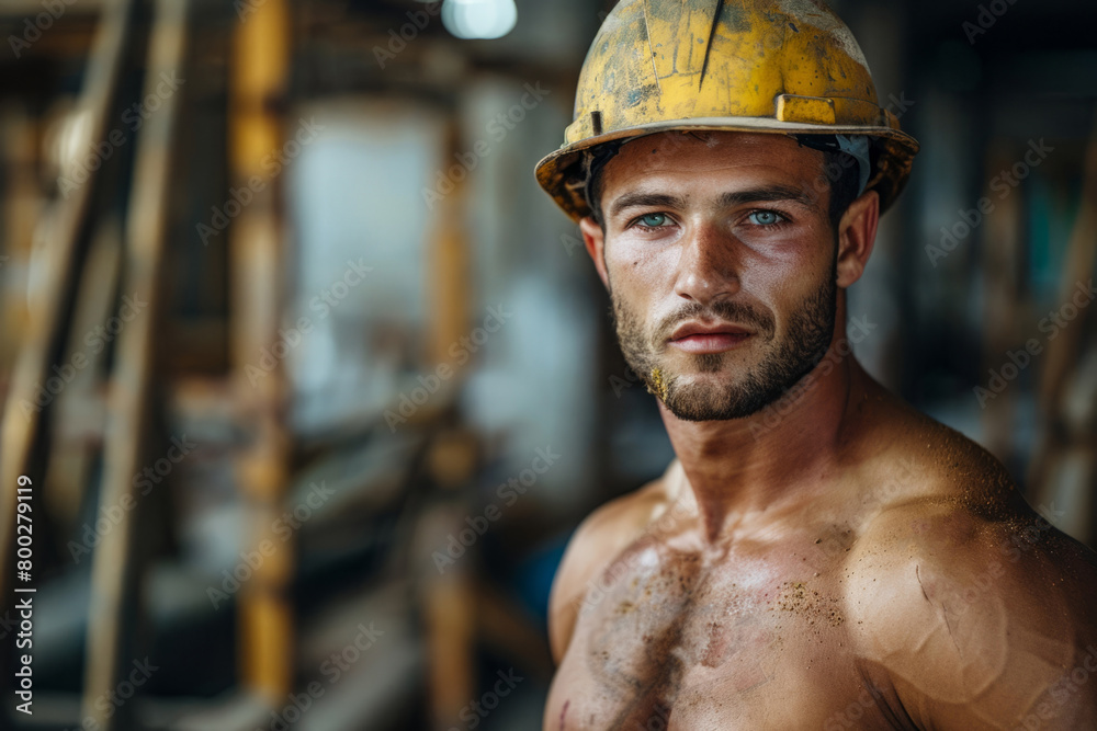 Brutal muscular builder repairman in a hard hat Brutal muscular builder repairman in a hard hat