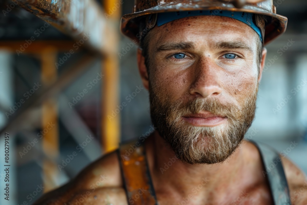 Brutal muscular builder repairman in a hard hat