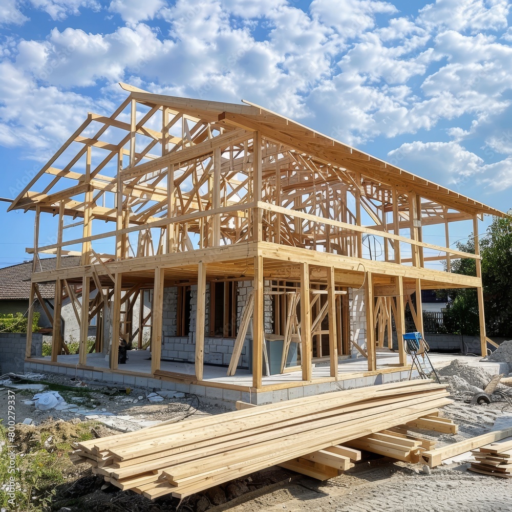 Fototapeta premium Wooden frame construction with truss, posts, and beams for new house manufacturing project