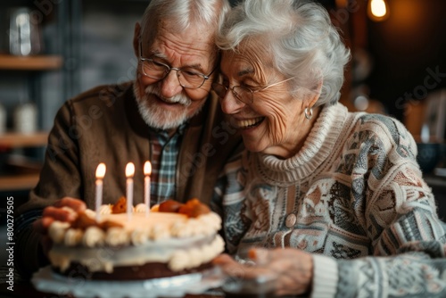 Senior man and woman grandparents celebrating birthday with cake