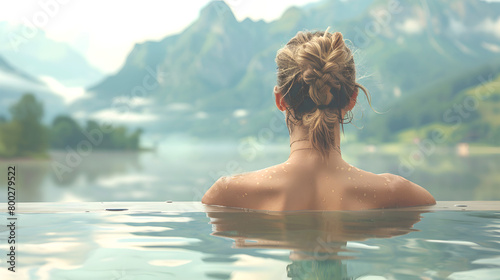 Young woman relaxing in swimming pool on background of mountains. Atmosphere of peace, tranquility and serenity
