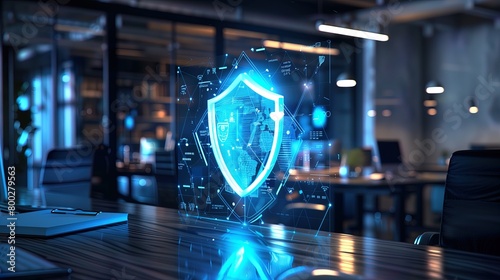 interior of a modern office with a holographic digital shield, working environment security