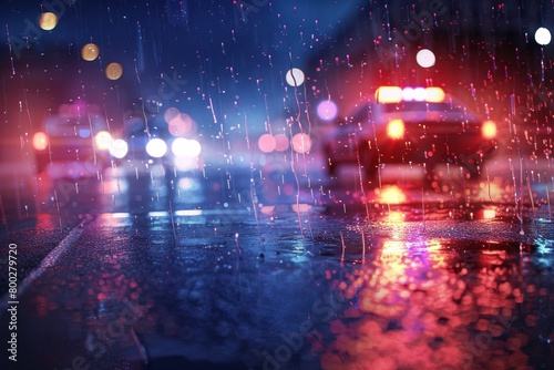 Police investigate crime scene in the rain with flashing lights