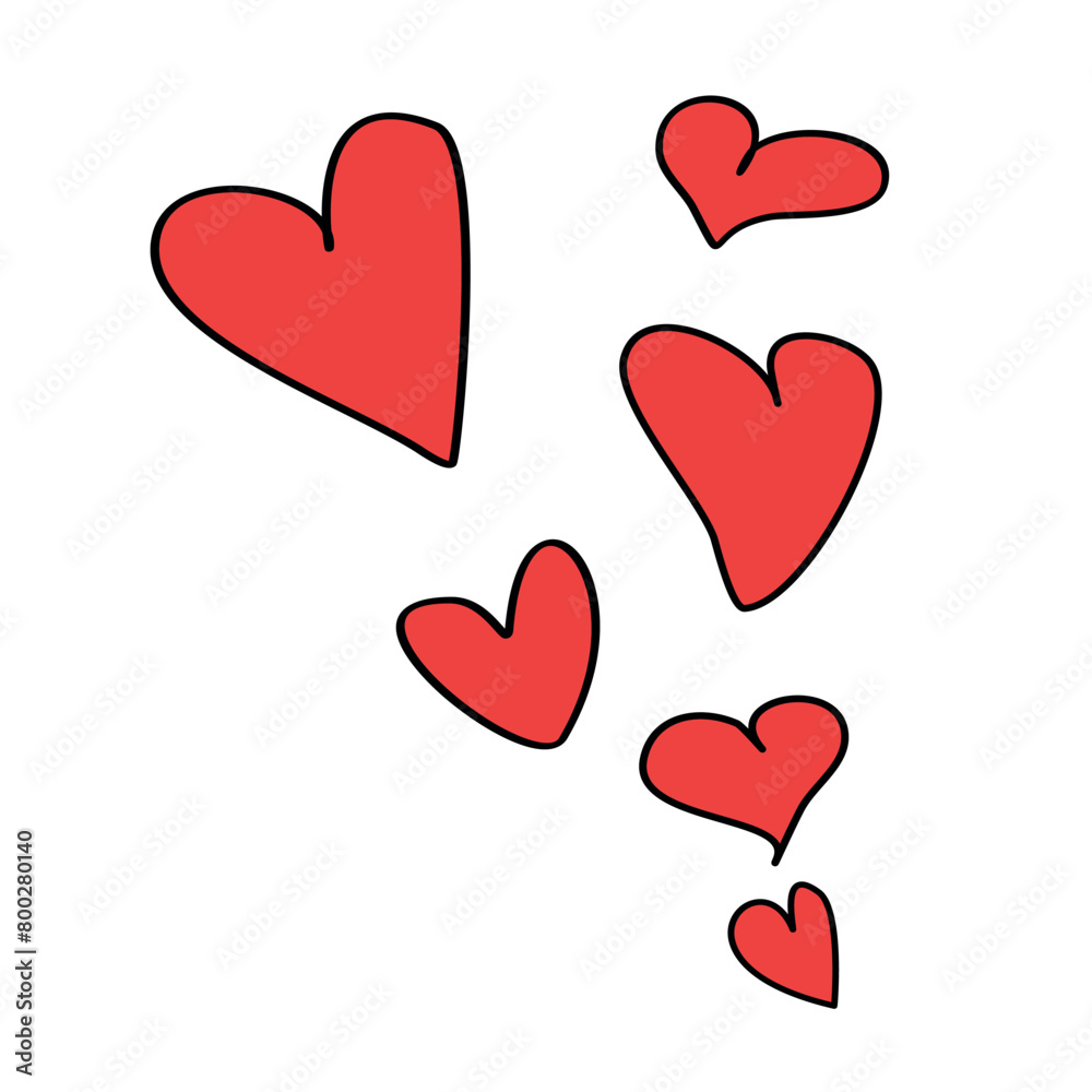 Set of red hearts in doodles style on white background. Vector hand drawn clip art, decoration for Valentine's day, love romantic design Set of red hearts in doodles style on white background. Vector hand drawn clip art, decoration for Valentine's day, love romantic design