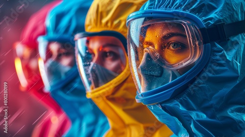 A bright and colorful background with diverse people wearing personal protective equipment (PPE) like goggles, gloves, and helmets.