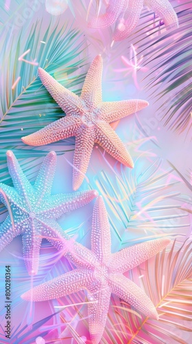 Cute colorful pastel starfishes and palm leaves background