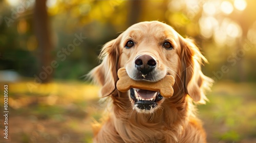 dog with its mouth open, holding one bone shaped cookie in its teeth
