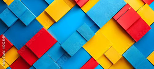 A playful and bright abstract design of interlocking squares and rectangles in blue, red, and yellow, mimicking a colorful puzzle, photographed in high definition for maximum impact