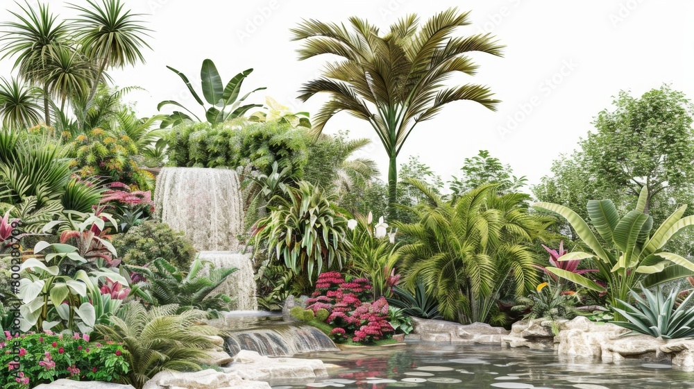 A tropical garden blueprint showcasing a variety of exotic plants palm trees and a calming water feature.. A tropical garden blueprint showcasing a variety of exotic plants palm trees and a calming water feature..