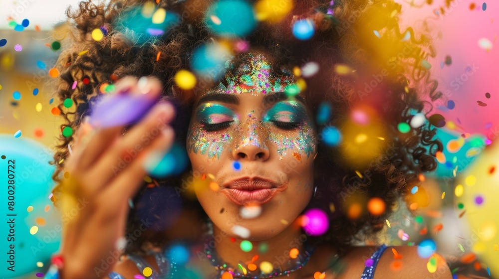 Curly haired woman blowing confetti generative ai Curly haired woman blowing confetti generative ai