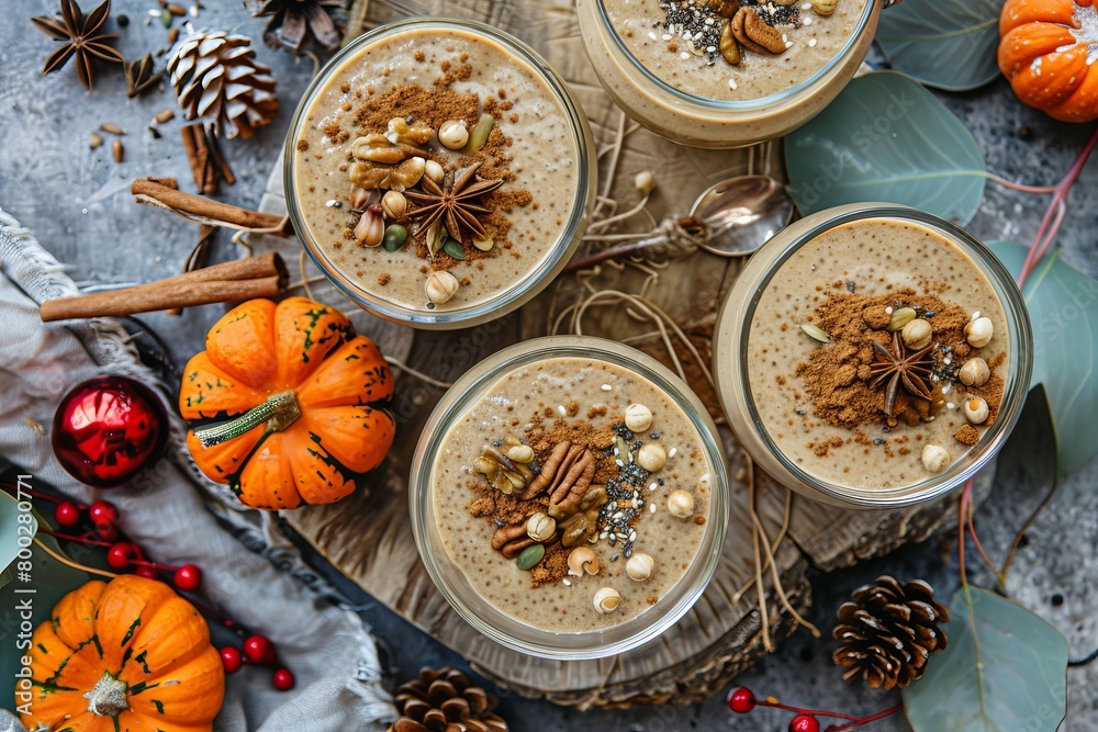 Pumpkin spice chia latte puddings displayed with decorations on a rustic board