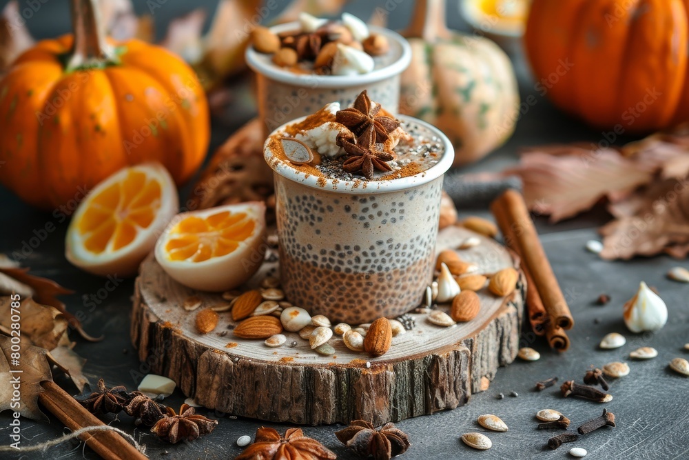 Pumpkin spice chia puddings on rustic board Pumpkin spice chia puddings on rustic board