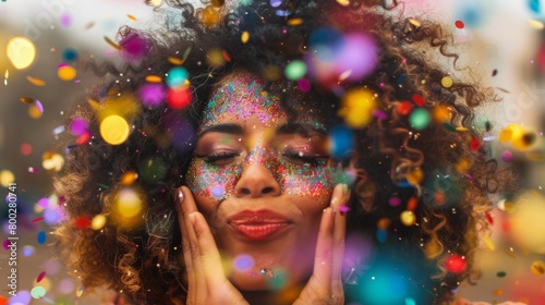 Curly haired woman blowing confetti generative ai © Francheska