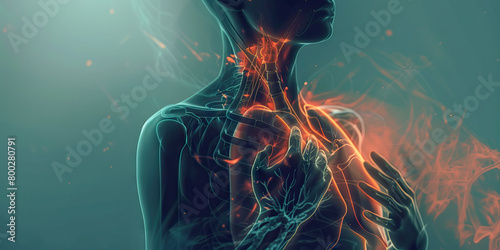 Pleurisy: The Chest Pain and Difficulty Breathing - Picture a person holding their chest with a pained expression, with highlighted lungs and difficulty breathing lines photo