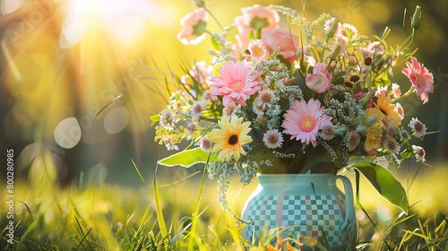 A vase of flowers is sitting in a field of grass. The flowers are mostly pink, white, and yellow. The vase is blue and white. The background is blurry and green.

 photo