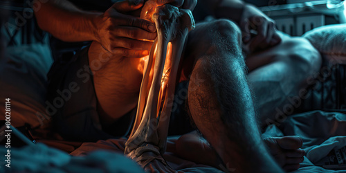 Fractured Femur: The Painful Leg Immobility - A person sitting or lying down, holding their thigh area with a pained expression, unable to move the leg due to the fractured femur bone photo