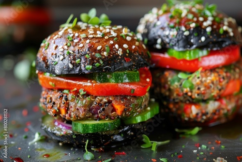 Quinoa and vegetable mini burgers in red green and black photo