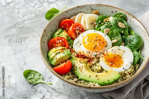Quinoa buddha bowl with avocado egg tomatoes spinach and sunflower seeds on a light background Homemade food Healthy clean eating Vegan or gluten free diet Long