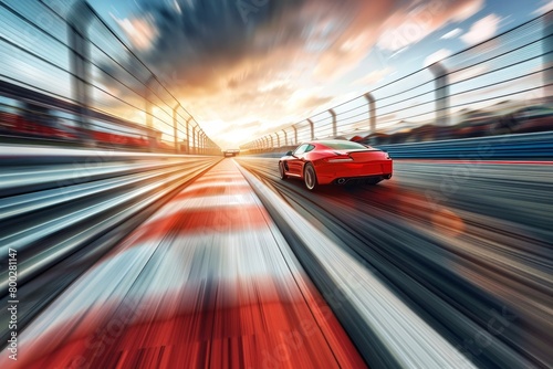 Race car speeding on international track crossing finish line with blur