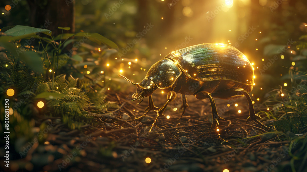 An oversized, luminous firefly beetle lighting up a magical forest path An oversized, luminous firefly beetle lighting up a magical forest path