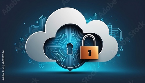 Abstract illustration of cloud security services, stylized cloud icon integrated with a secure padlock symbol, representing data protection and cybersecurity in cloud computing  generative ai