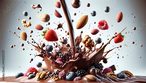 A chocolate splash featuring a mix of nuts, raspberries, almonds, and additional chocolate components creating a rich, indulgent composition with delightful textures and flavors.