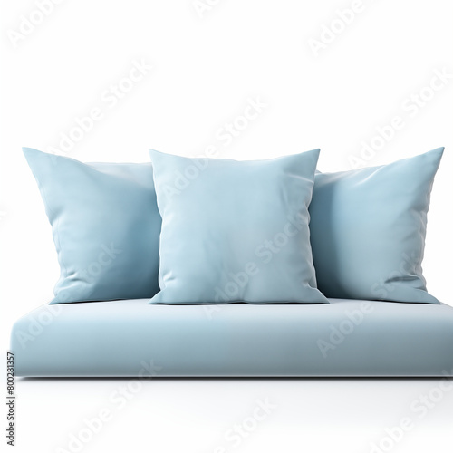 Three blue throw pillows on a white background