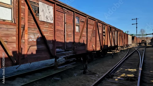 Old abandoned rusty railroad yard and train cars photo