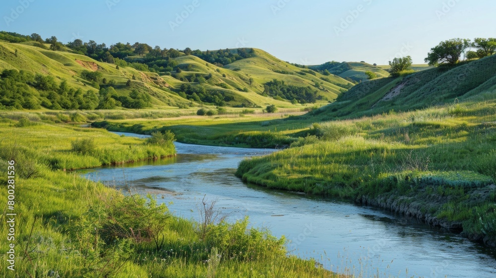 A serene landscape with rolling hills of greenery and a small river winding through all made from the clayrich soil of the area.. A serene landscape with rolling hills of greenery and a small river winding through all made from the clayrich soil of the area..
