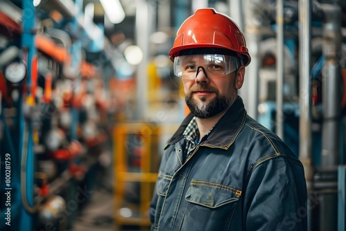 Portrait of maintenance engineer in uniform and hard hat at factory station. Concept Industrial Photoshoot, Engineer Portraits, Factory Setting, Uniform and Hard Hat, Maintenance Technician © Anastasiia