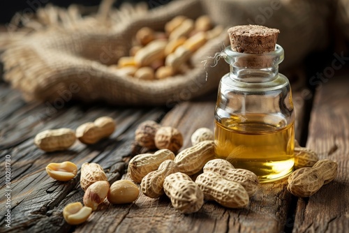 Raw peanuts on wooden background with peanut oil