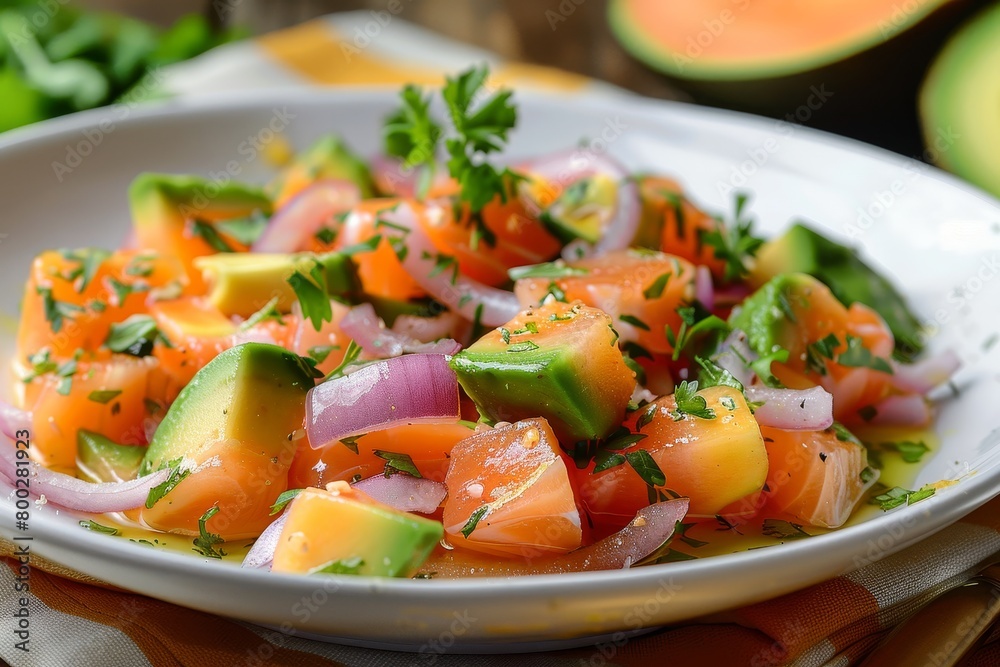 Raw salmon with melon avocado and red onion Raw salmon with melon avocado and red onion