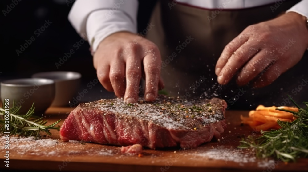 Close-Up of Chef's Hands Sprinkling Salt, Pepper, and Rosemary on Meat