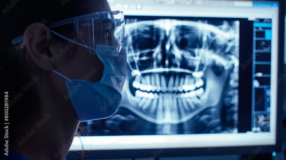 Obraz premium Dentist examines digital x-ray of patient's jaw before performing treatment generative ai
