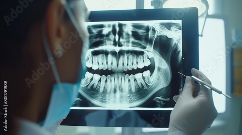 Dentist examines digital x-ray of patient's jaw before performing treatment generative ai © Francheska