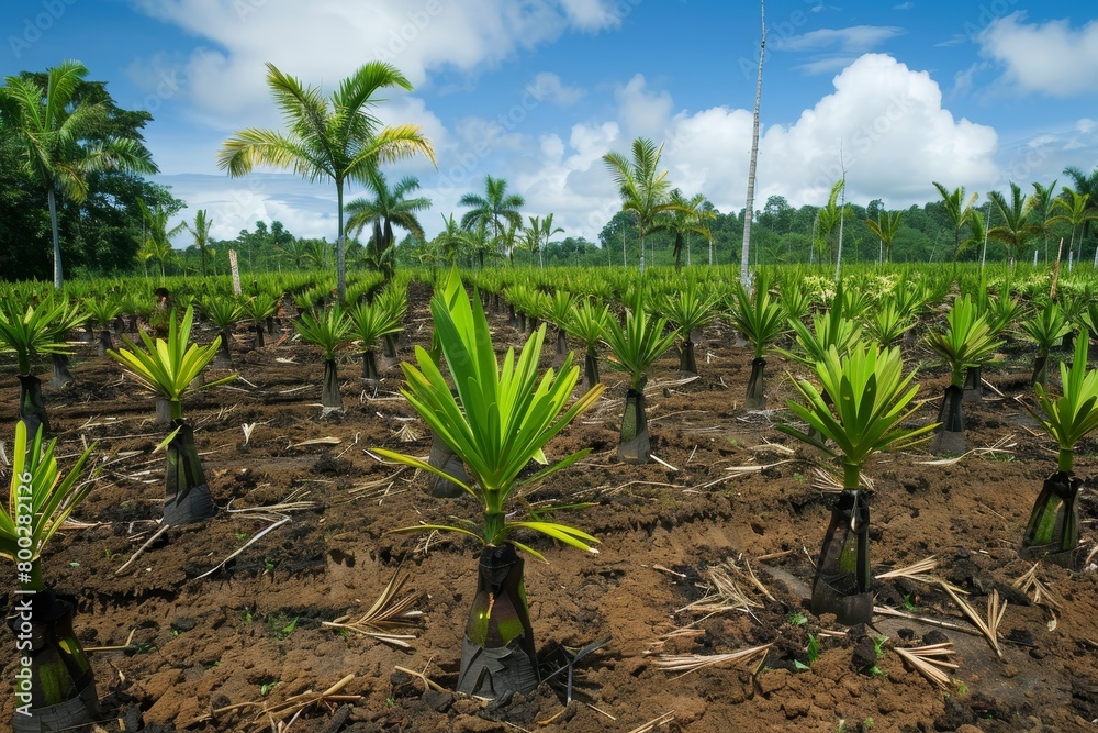 Recently planted oil palm trees on deforested land Recently planted oil palm trees on deforested land