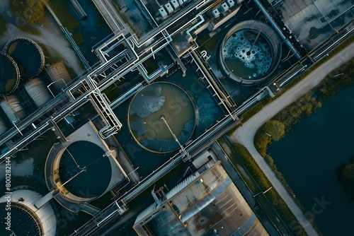 Birdseye view of modern wastewater treatment plant. Concept Wastewater Treatment, Modern Plant, Birdseye View, Environmental Engineering