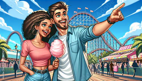An American couple having fun at an amusement park, eating cotton candy and going on roller coasters, in a cartoon format.
