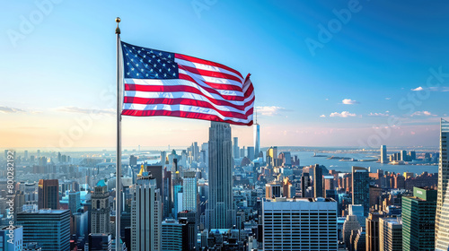 American flag on the background of New York, architecture, state, nation, symbol, USA, independence day, patriotism, freedom, building, city view, elections, America, stars, stripes, skyscrapers