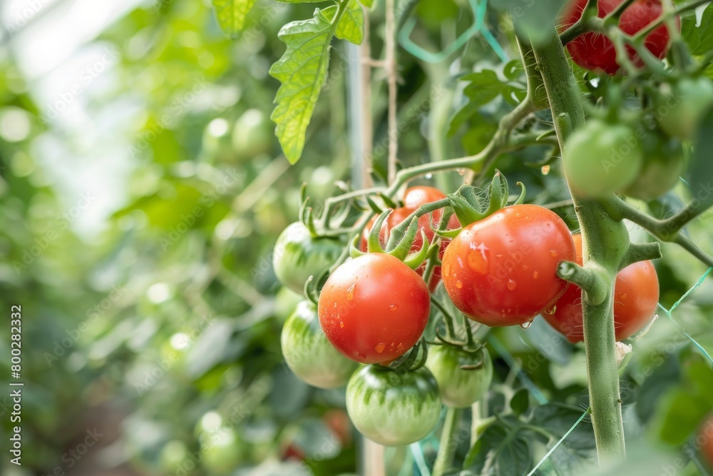 Red and green tomatoes on bushes in a greenhouse with a shallow depth of field in a horizontal view Red and green tomatoes on bushes in a greenhouse with a shallow depth of field in a horizontal view