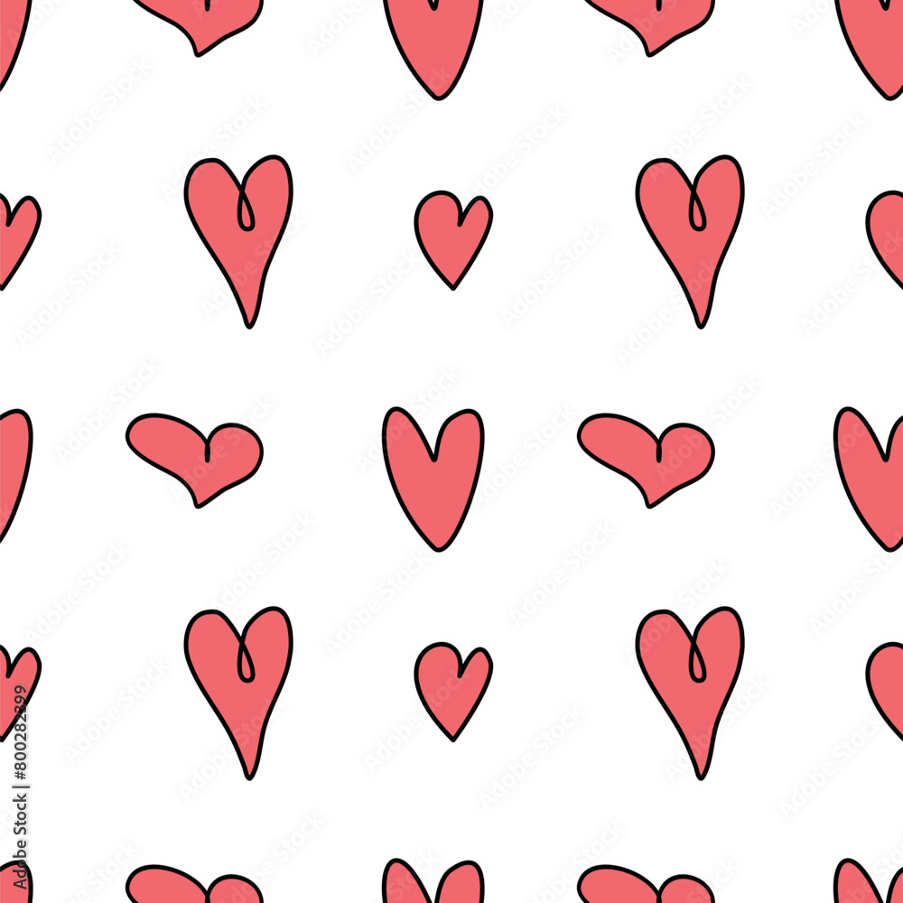 Seamless abstract pattern of small red contour hearts. Hand drawn doodle background, texture for textile, wrapping paper, Valentine's day, romantic design
