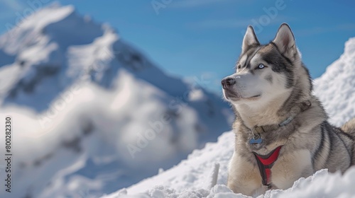 A husky dog as an adventure guide on a snowy mountain trek