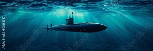 Generic military nuclear submarine floating in the middle of the ocean while shooting an undersea torpedo missile.	 photo