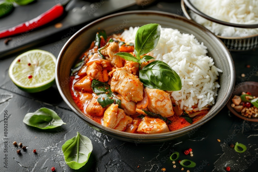 Red Chicken Curry with Rice and Lemon in a Bowl Thai flavors with Basil Leaves Oriental Cuisine Photography