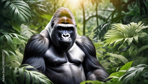 Creative animal concept. Gorilla in luxury lush coat outfits isolated on natural floral wildlife foliage leafy green forest nature habitat background. advertisement, copy text space generative ai  © Chaudhry