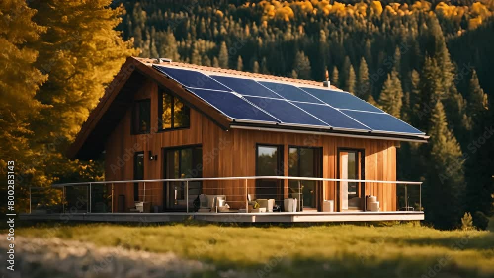 Solar panels on house roof in mountains energy saving technology video loop Solar panels on house roof in mountains energy saving technology video loop